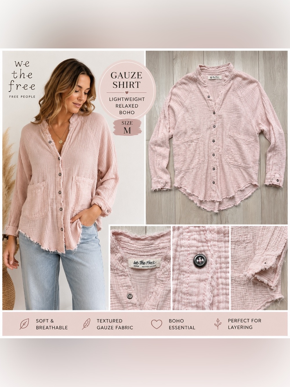 Free People We The Free Pink Gauze Button Front Shirt Medium Distressed Boho